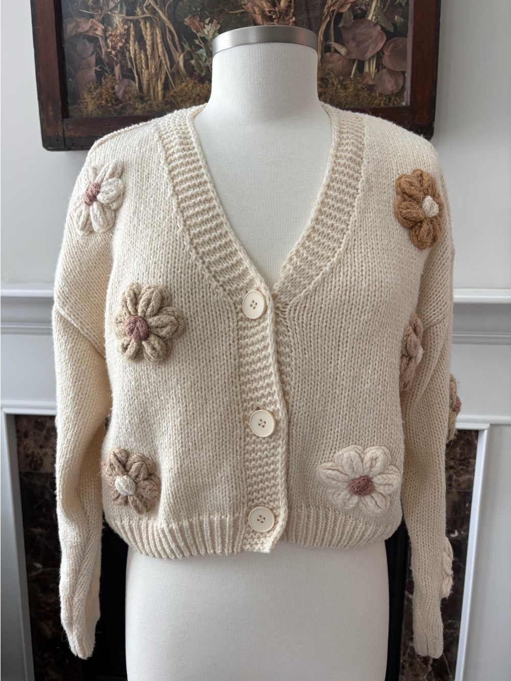 Luna Ivy Anthropologie Cream Floral Hand-Knit Size Small